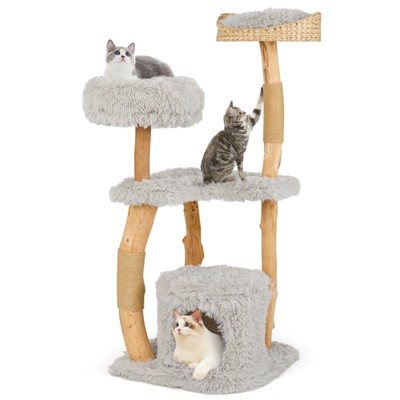 Tangkula 49" Tall Wooden Cat Tree Solid Wood Cat Tower w/ Jute Scratching Posts