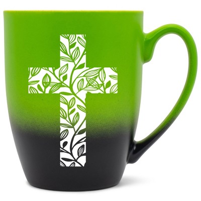 Elanze Designs Cross Leaf Two Toned Ombre Matte Green and Black 12 ounce Ceramic Stoneware Coffee Cup Mug