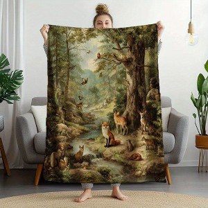 Lomsoe Vintage Woodland Harmony Scene Flannel Blanket - All Seasons Soft and Warm Throw Blanket for Napping, Camping, Travel, Office, Home Decor - 1 of 4
