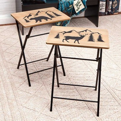 Brown Folding Table with Bear and Mountain Design