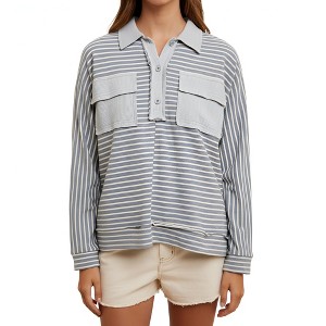 Knit & Lounge Women’s Striped Collared Long Sleeve Top Waffle Chest Pocket Detail Lightweight Knit Pullover - 1 of 4