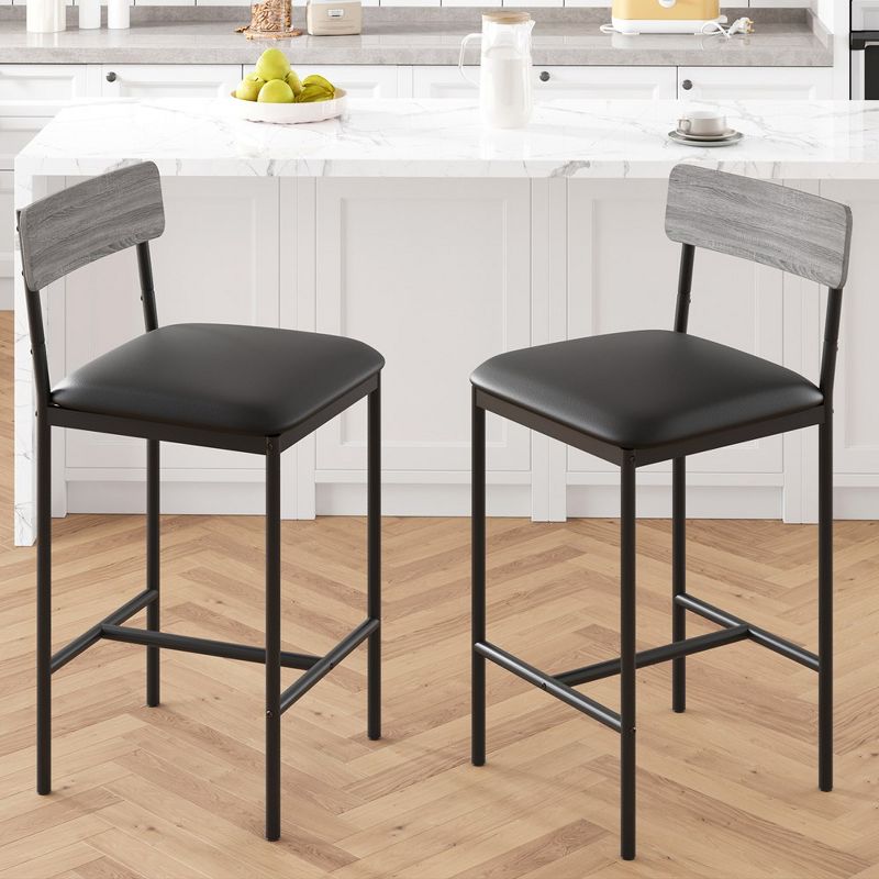 Bar Stools Set of 2, Kitchen Bar Stools with Footrest, PU Upholstered Counter Height Barstool, Bar Chairs for Kitchen Island, Counter, Rustic Gray, 1 of 7
