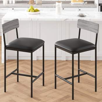 Bar Stools Set of 2, Kitchen Bar Stools with Footrest, PU Upholstered Counter Height Barstool, Bar Chairs for Kitchen Island, Counter, Rustic Gray