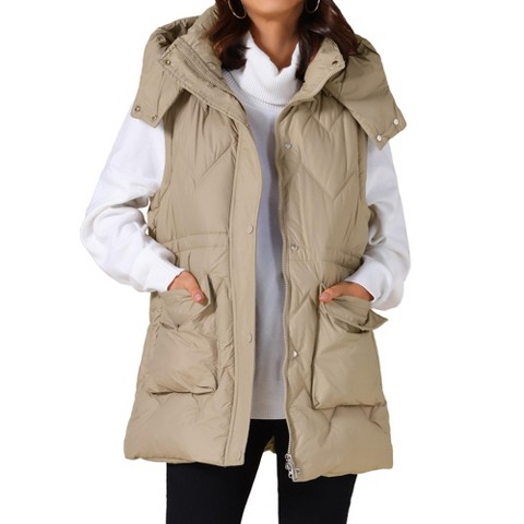 INSPIRE CHIC Women's Winter Hooded Zip Up Mid Long Sleeveless Quilted Padded Vest Coat Khaki Small