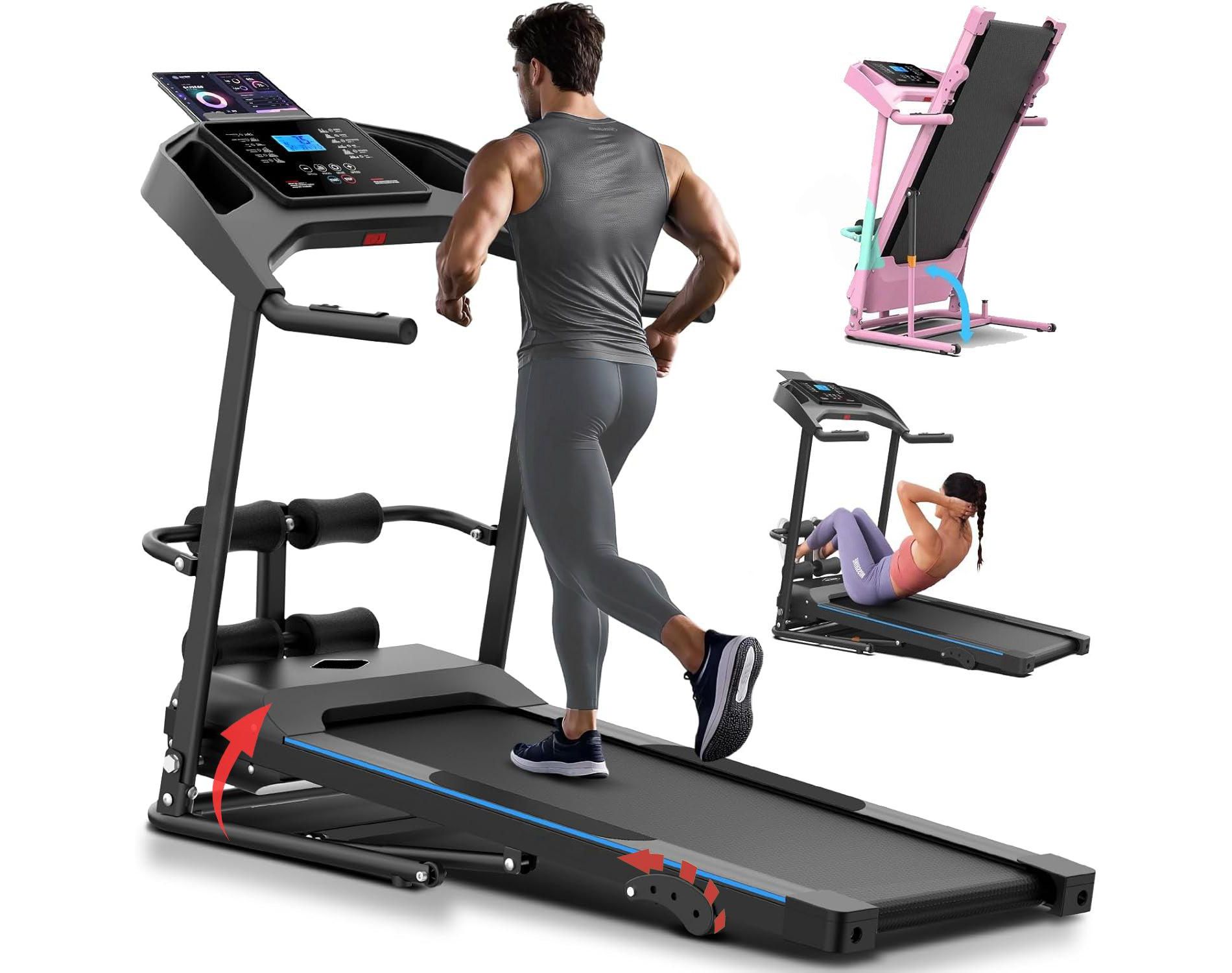 KRISRATE Foldable Treadmill with Sit Up Bench, Upgrade 3.5HP Portable Treadmills for Home with Incline, Smart LCD Display Body Fat & Heart Rate, Black