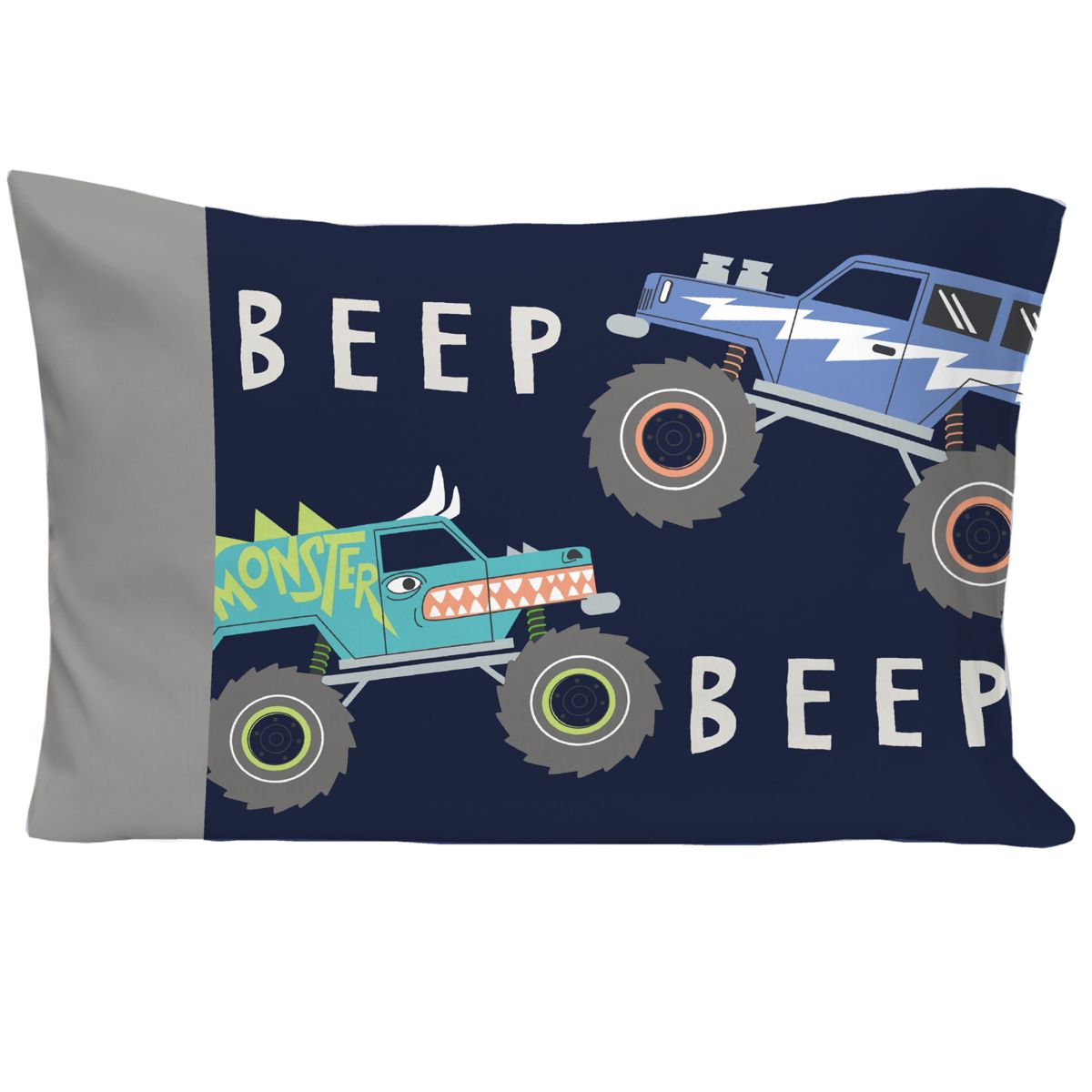 Carter's Monster Truck 4 Piece Toddler Bed Set - Comforter, Fitted Bottom Sheet, Flat Top Sheet, Standard Pillowcase, Navy and Grey - thumbnail 5