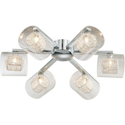 Possini Euro Design Modern Ceiling Light Flush Mount Fixture Chrome 24" Wide 6-Light Wrapped Wire Clear Glass Bedroom Living Room