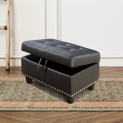 AndMakers 28.5 in. W Black Faux Leather Rectangle Ottoman with Storage and Nails