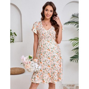 Women's Maternity Smocked Short Sleeve Summer Casual Boho Dress V Neck Ruffle Swing Midi Dress Baby Shower Photoshoot - 1 of 4