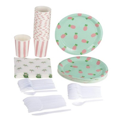 Blue Panda 144 Piece Serves 24 Pineapple Disposable Dinnerware Set Party Supplies - Paper Plates, Cutlery, Cups & Napkin