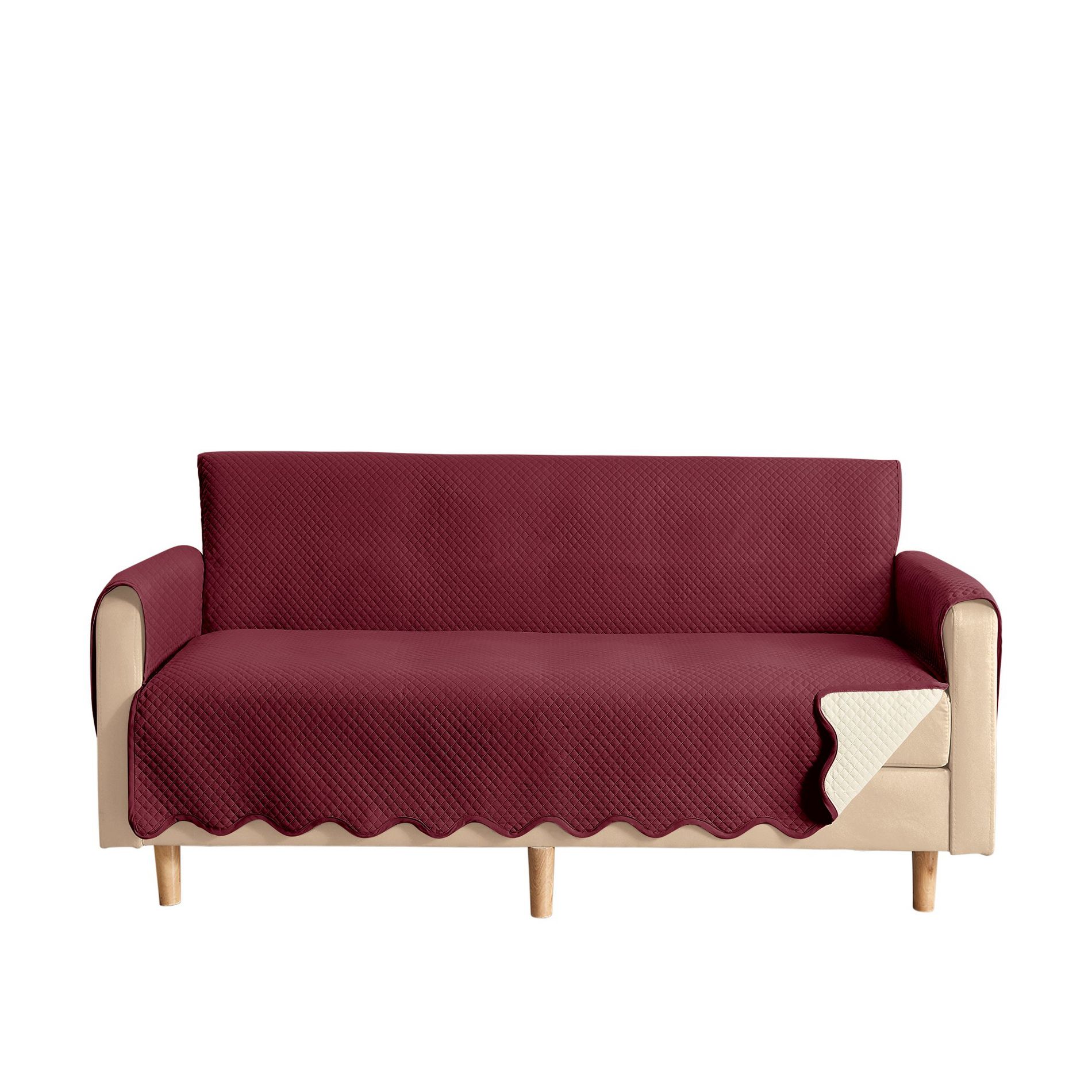 Collections Etc Lacey Scalloped Edge Reversible Quilted Furniture Protector Loveseat Burgundy/Ivory