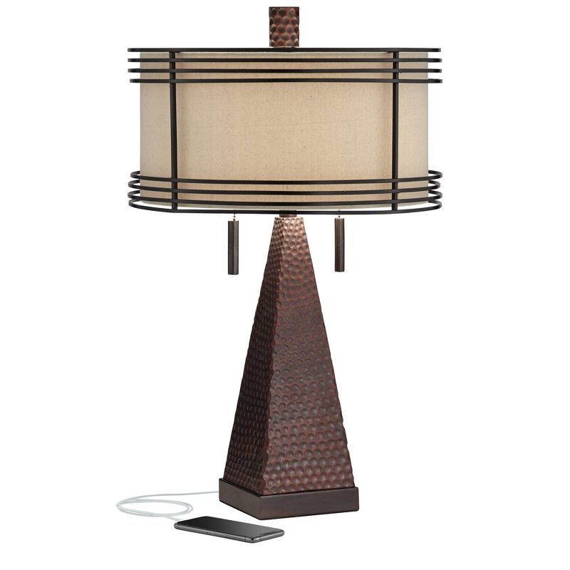 Franklin Iron Works Niklas Industrial Table Lamp 26" High Hammered Bronze with USB Charging Port Double Shade for Bedroom Living Room Bedside Desk, 1 of 10