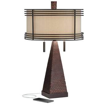 Franklin Iron Works Niklas Industrial Table Lamp 26" High Hammered Bronze with USB Charging Port Double Shade for Bedroom Living Room Bedside Desk
