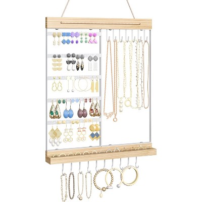 Hanging Jewelry Organizer, 5-Tier Wall Earring Holder with Wooden Ring Groove, Jewelry Rack Wall Mounted