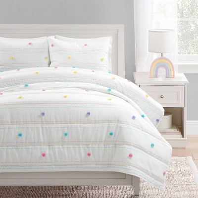 Kids' Rainbow Pom Pom and Striped Quilt White - Lush Décor