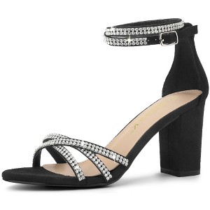 Allegra K Women's Rhinestones Crisscross Strap Strappy Chunky Heel Sandals - 1 of 4