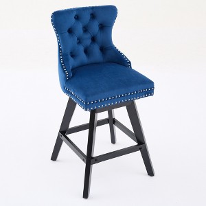 Gulches Blue Velvet Button Tufted Swivel Barstool Set of 2 Chrome Nailhead Rubber Wood Legs 360 Degree Curved Back Counter Height 300 lb - 1 of 4