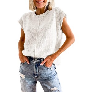 Womens Cap Sleeve Sweater Vest Crew Neck Knit Sleeveless Tank Tops Casual Lightweight Pullover Sweaters - 1 of 4