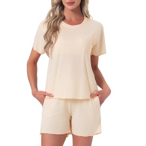 INSPIRE CHIC Women's 2 Pcs Pajama Set Short Sleeve Top with Built-in Bra and Shorts Sleepwear Lounge Sets with Pockets - 1 of 4