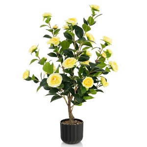 Tangkula 38" Artificial Camellia Tree Faux Floral Plant Fake Tree for Decoration Yellow - 1 of 4