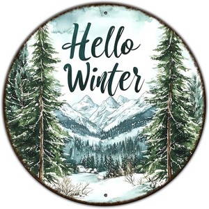 Lomsoe Round Christmas Metal Tin Sign Hello Winter Sign Christmas Pine Trees Welcome Door Sign Xmas Winter Rustic Wreath Sign Window Decor 8 * 8 in - 1 of 1