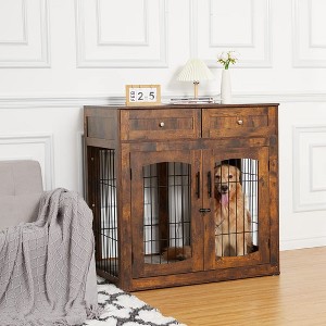 Rustic Brown Dog Crate Furniture Table with 2 Drawers & 3 Doors - Indoor Dog Kennel & House - Side End Table - 1 of 4