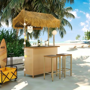3 Piece Hawaiian Style Bar Height Wood Patio Set with PE Grass Canopy,Outdoor Bar High Table and 2 Stools,Wood Patio Furniture Sets-Coolbibila - 1 of 4