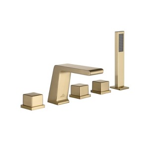 CASAINC Deck Mounted 5-Hole 3-Handle Roman Widespread Waterfall Low-Arc Bathtub Faucet with Hand Sprayer, Brushed Gold - 1 of 4
