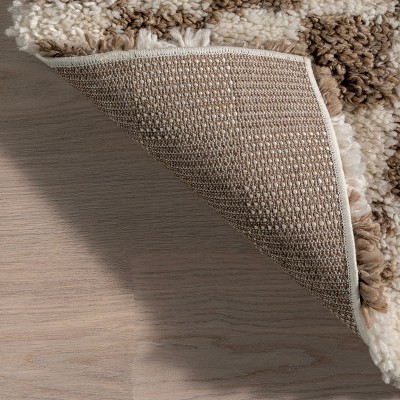 Beige and Brown Checkered Shag Synthetic Area Rug 2' x 3'
