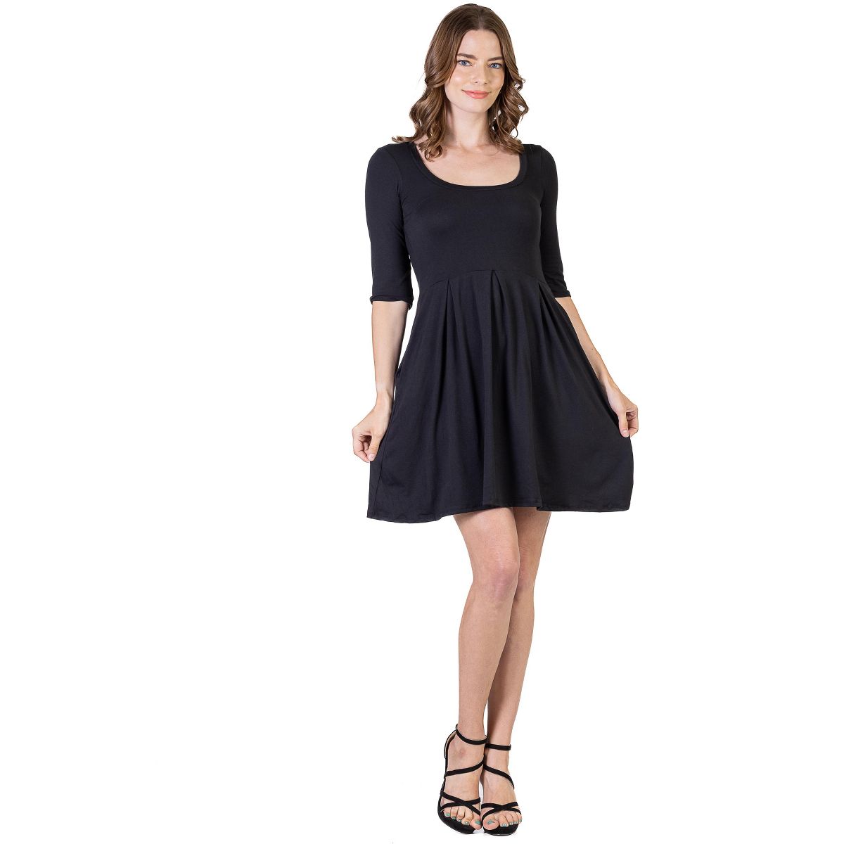 Womens Scoop Neck Three Quarter Sleeve Fit N Flare Knee Length Dress - 24seven Comfort Apparel™