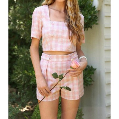 Women's Violet Plaid Double Breasted Crop Top - adelyn rae