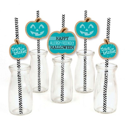 Big Dot of Happiness Teal Pumpkin - Paper Straw Decor - Halloween Allergy Friendly Trick or Trinket Striped Decorative Straws - Set of 24