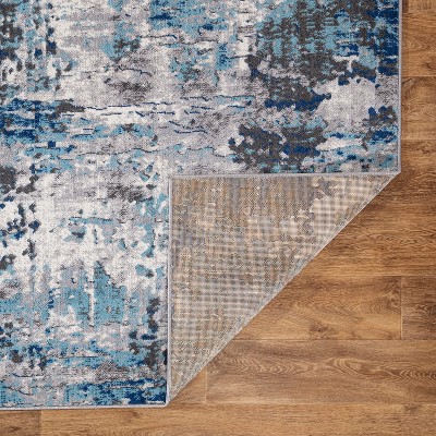 Durham Blue Abstract Synthetic Runner Rug 2' x 7'