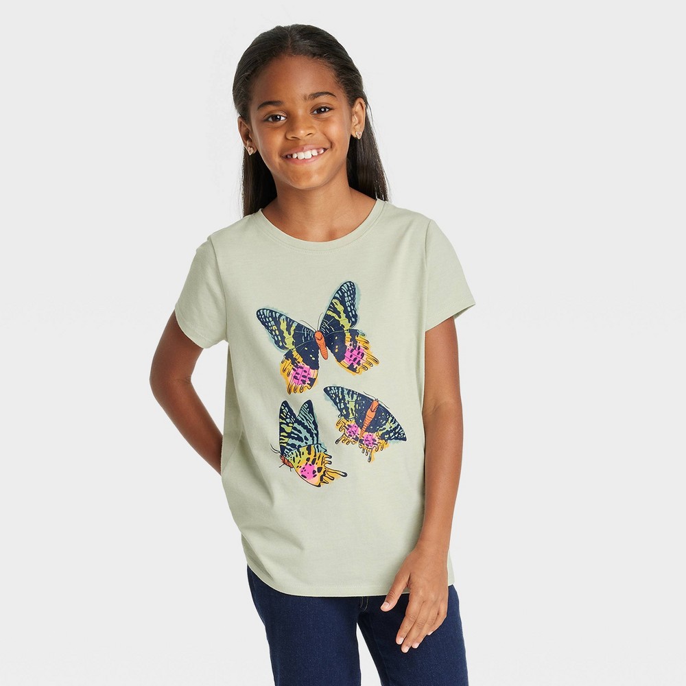 Size 7/8 Girls' 'Butterflies' Short Sleeve Graphic T-Shirt - Cat & Jack Army Green M