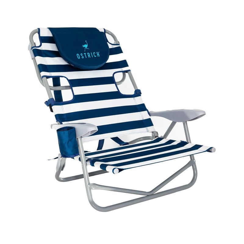 Ostrich On-Your-Back Lightweight Beach Reclining Lounge Lawn Chair w/Backpack Straps, Outdoor Furniture for Pool, Camping, or Backyard, Blue Stripe, 1 of 8