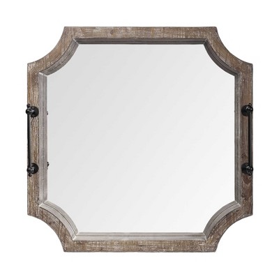 HomeRoots 23" Brown Hexagonal Wood and Mirrored Glass Serving Tray With Handles