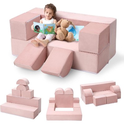 Modular Kids Couch Sofa for Toddlers and Kid's Foam Play Couch Convertible Soft Kids Sofa Set with Detachable Cushions (Pink)