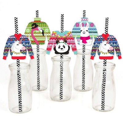 Big Dot of Happiness Wild and Ugly Sweater Party - Paper Straw Decor - Holiday and Christmas Animals Party Striped Decorative Straws - Set of 24