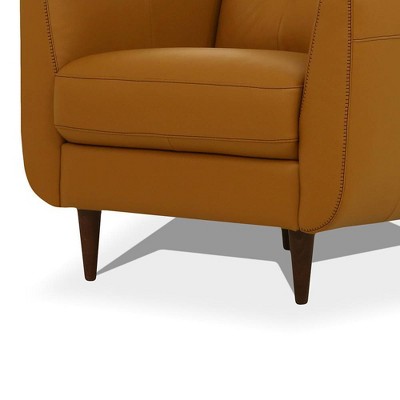 Camel Leather Deep-Seat Accent Chair with Tapered Wood Legs