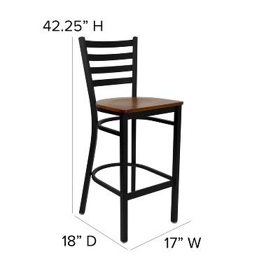 Elegant Ladder Back Black Metal Barstool with Cherry Wood Seat