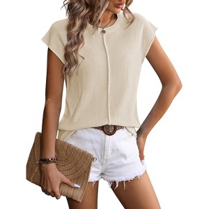 Womens Pullover Sweater Vest Crew Neck Cap Sleeve Loose Fits Sweater Ribbed Knit Tops Sweaters for Women - 1 of 4