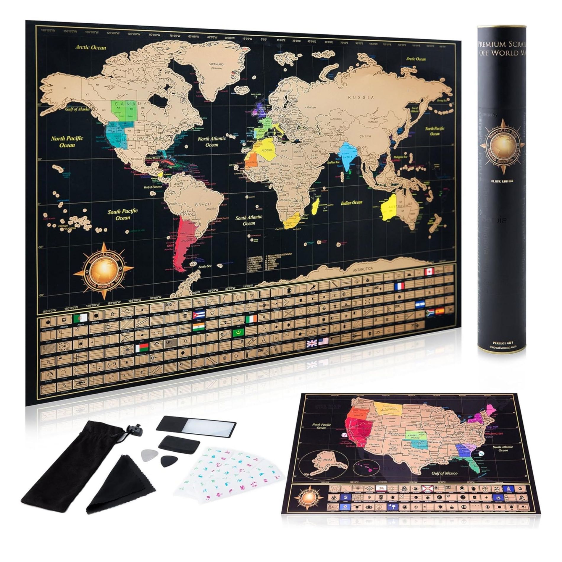InnovativeMap Scratch Off World Map Poster and Detailed United States Map, Complete Accessories Set