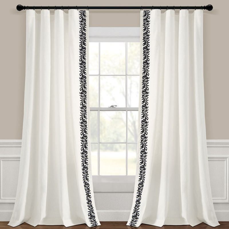 Luxury Modern Flower Linen Like Embroidery Border Window Curtain Panel Off White/Black Single 52X84, 1 of 7