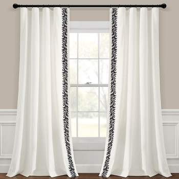 Luxury Modern Flower Linen Like Embroidery Border Window Curtain Panel Off White/Black Single 52X84