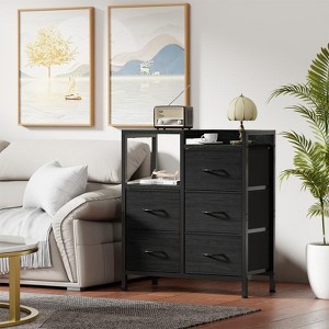 Furnulem Chest of Drawers for Bedroom, 3 Tier Wide Dresser with 5 Fabric Drawers for Hallway Rooms, Rustic Brown, Black Oak and White - 1 of 4