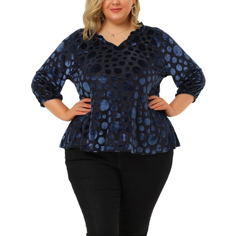 Agnes Orinda Women's Plus Size Velvet Semi Sheer Bishop Sleeve Polka Dots  Elegant Blouses Blue 3x : Target