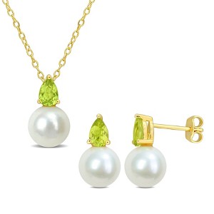 EVERLY JEWELRY | Yellow Plated Sterling Silver 8.5-9mm Cultured Freshwater Pearl and 1 1/4ct TGW Peridot Pendant with Chain and Earrings Set - 18 in - 1 of 4