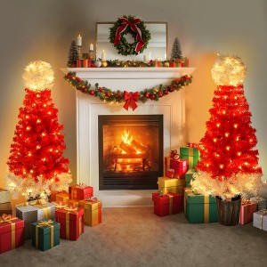 Set of 2 4FT Artificial Tree Christmas Tree Fir Tree with Multifunctional Warm White LED Lights, Santa Hat Style, Red+ White-ModernLuxe - 1 of 4