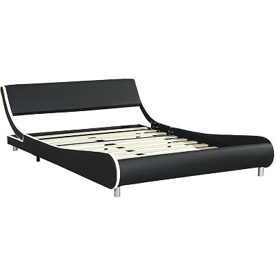 Acekool Queen Faux Leather Platform Bed Frame, Curve Design, RGB LED Lighting with Remote, Wood Slats, No Box Spring, Black