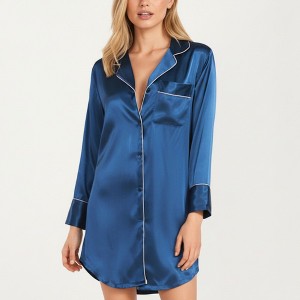 Anna-Kaci Lounge Women's Satin Button-Front Sleep Shirt with Contrast Piping Trim and Relaxed Long Sleeve Silhouette - 1 of 4